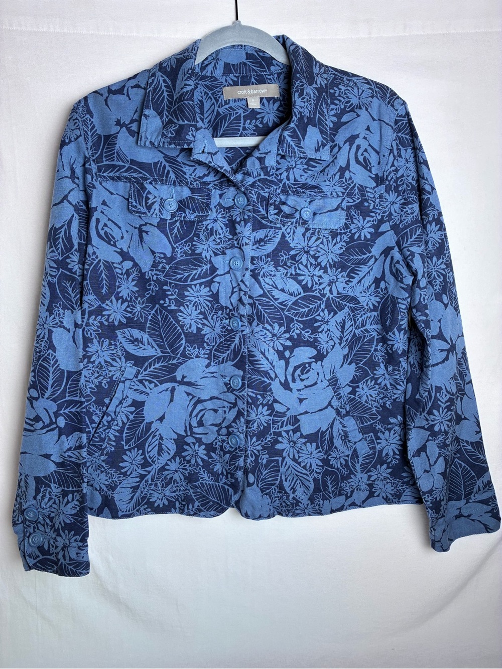 Croft & Barrow Linen Cotton Floral Jacket Medium Blue Button Down Jean Jacket M